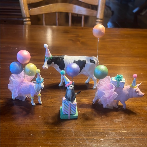Animal Figurines with Balloons and Party Hats